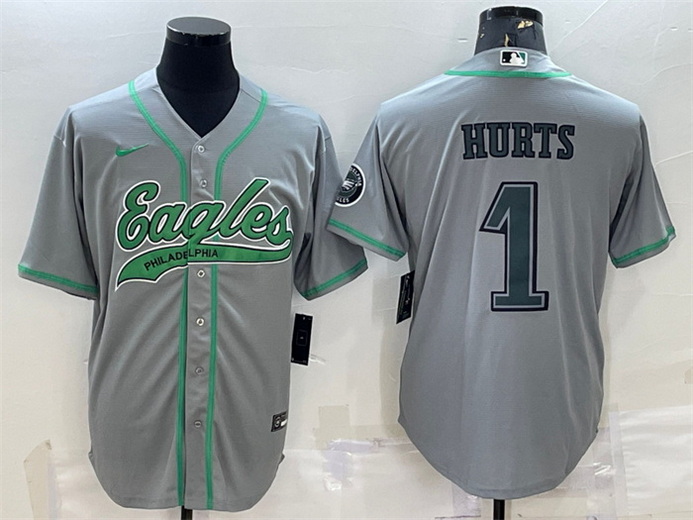 Men Philadelphia Eagles 1 Jalen Hurts Grey With Patch Cool Base Stitched Baseball Jerseys