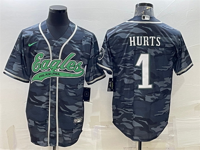 Men Philadelphia Eagles 1 Jalen Hurts Grey Camo With Patch Cool Base Stitched Baseball Jersey