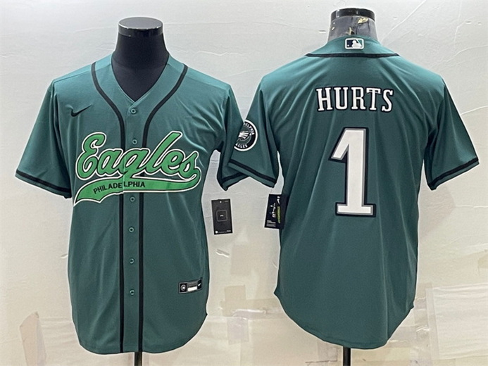 Men Philadelphia Eagles 1 Jalen Hurts Green With Patch Cool Base Stitched Baseball Jersey