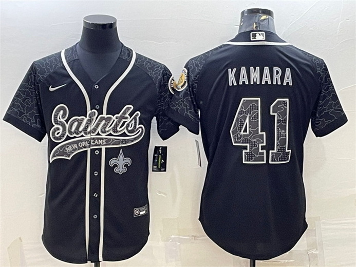 Men New Orleans Saints 41 Alvin Kamara Black Reflective With Patch Cool Base Stitched Baseball Jerse