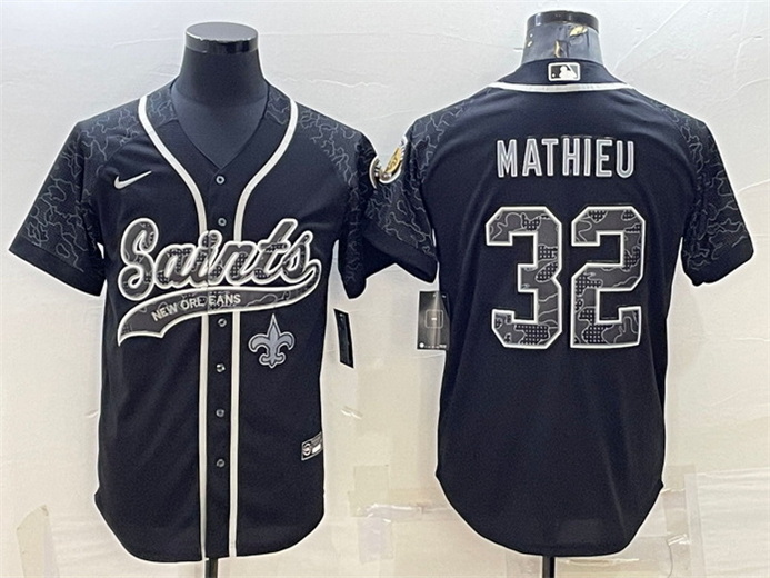 Men New Orleans Saints 32 Tyrann Mathieu Black Reflective With Patch Cool Base Stitched Baseball Jer