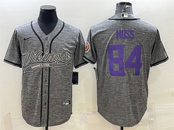 Men Minnesota Vikings 84 Randy Moss Grey With Patch Cool Base Stitched Baseball Jersey