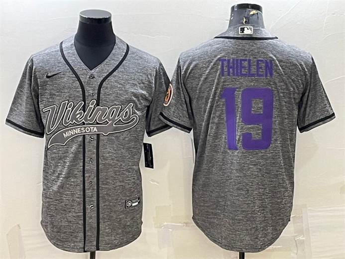 Men Minnesota Vikings 19 Adam Thielen Grey With Patch Cool Base Stitched Baseball Jersey