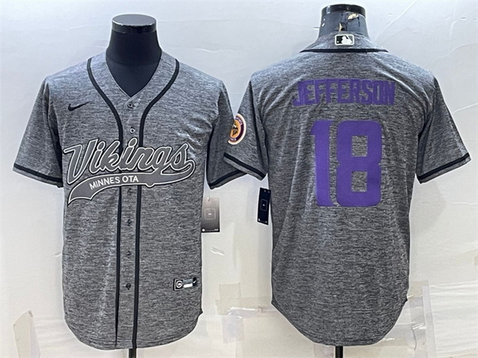 Men Minnesota Vikings 18 Justin Jefferson Grey With Patch Cool Base Stitched Baseball Jersey