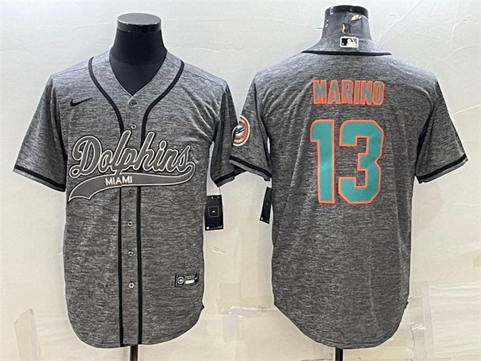 Men Miami Dolphins 13 Dan Marino Grey With Patch Cool Base Stitched Baseball Jersey