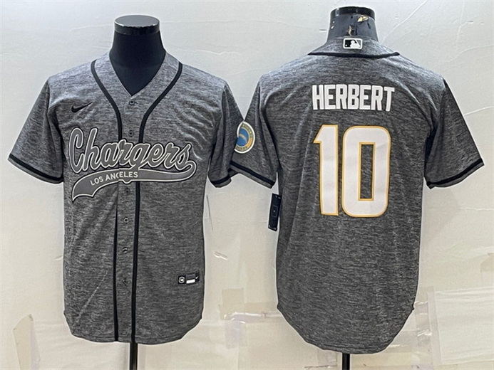 Men Los Angeles Chargers 10 Justin Herbert Grey With Patch Cool Base Stitched Baseball Jersey