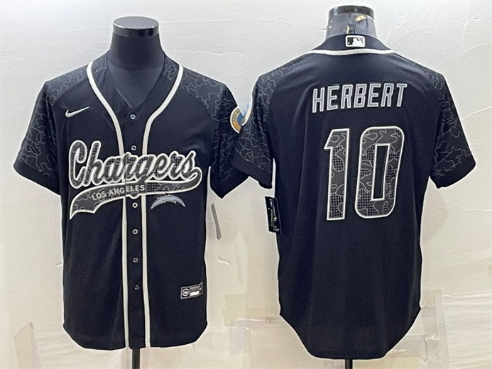 Men Los Angeles Chargers 10 Justin Herbert Black Reflective With Patch Cool Base Stitched Baseball J