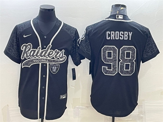 Men Las Vegas Raiders 98 Maxx Crosby Black Reflective With Patch Cool Base Stitched Baseball Jersey