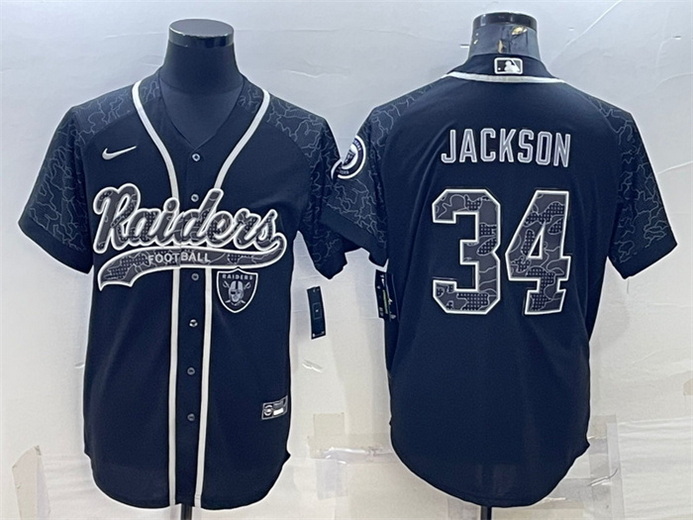 Men Las Vegas Raiders 34 Bo Jackson Black Reflective With Patch Cool Base Stitched Baseball Jersey