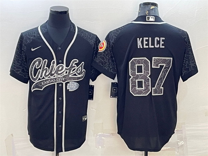 Men Kansas City Chiefs 87 Travis Kelce Black Reflective With Patch Cool Base Stitched Baseball Jerse