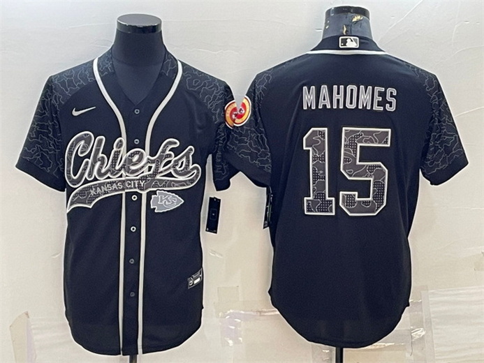 Men Kansas City Chiefs 15 Patrick Mahomes Black Reflective With Patch Cool Base Stitched Baseball Je