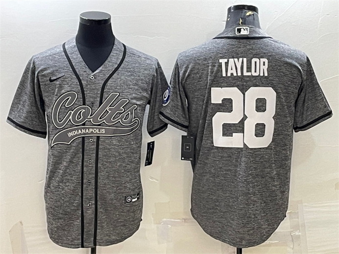 Men Indianapolis Colts 28 Jonathan Taylor Grey With Patch Cool Base Stitched Baseball Jersey