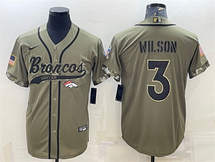 Men Denver Broncos 3 Russell Wilson Olive 2022 Salute To Service Cool Base Stitched Baseball Jersey