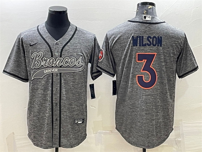 Men Denver Broncos 3 Russell Wilson Grey With Patch Cool Base Stitched Baseball Jersey