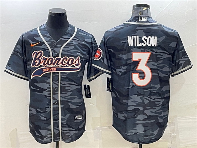 Men Denver Broncos 3 Russell Wilson Grey Camo With Patch Cool Base Stitched Baseball Jersey