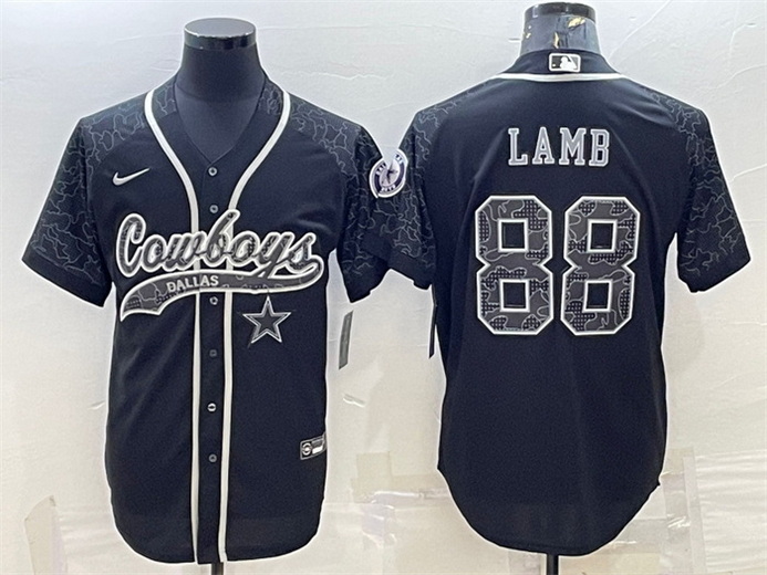 Men Dallas Cowboys 88 CeeDee Lamb Black Reflective With Patch Cool Base Stitched Baseball Jersey