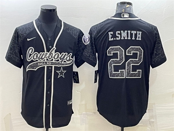 Men Dallas Cowboys 22 Emmitt Smith Black Reflective With Patch Cool Base Stitched Baseball Jersey