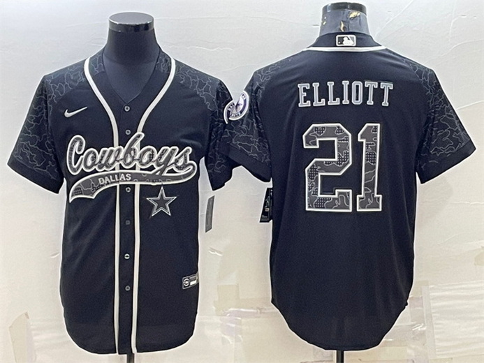 Men Dallas Cowboys 21 Ezekiel Elliott Black Reflective With Patch Cool Base Stitched Baseball Jersey