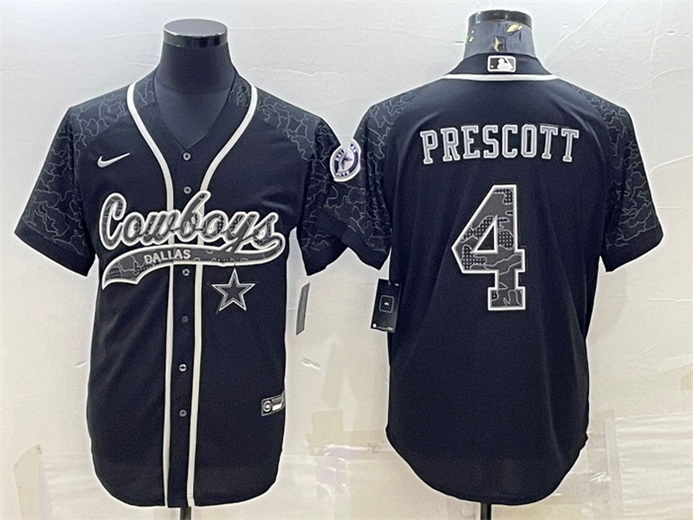 Men Dallas Cowboys 4 Dak Prescott Black Reflective With Patch Cool Base Stitched Baseball Jersey