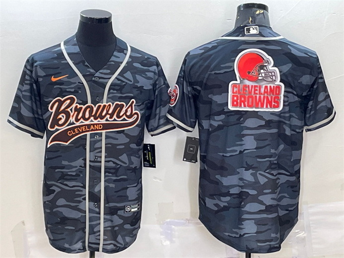 Men Cleveland Browns Grey Camo Team Big Logo With Patch Cool Base Stitched Baseball Jersey