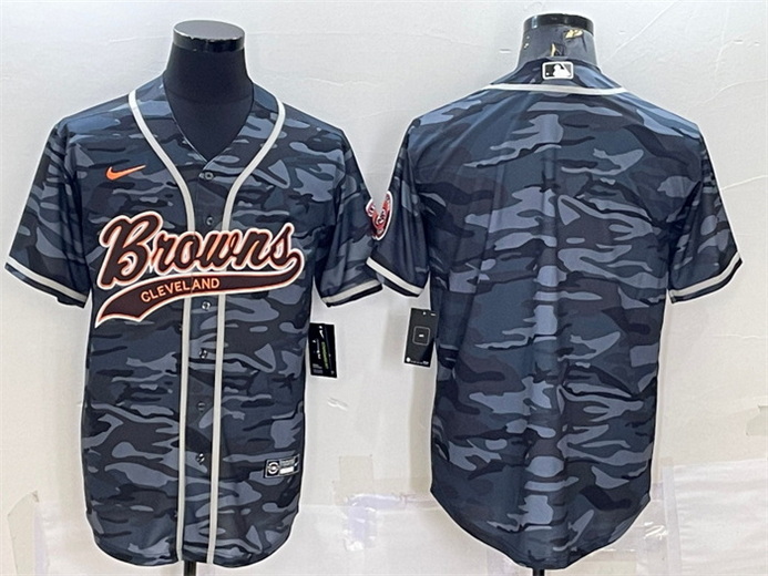 Men Cleveland Browns Blank Grey Camo With Patch Cool Base Stitched Baseball Jersey