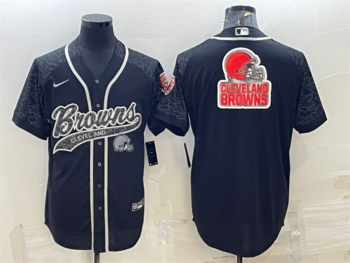 Men Cleveland Browns Black Reflective Team Big Logo With Patch Cool Base Stitched Baseball Jersey