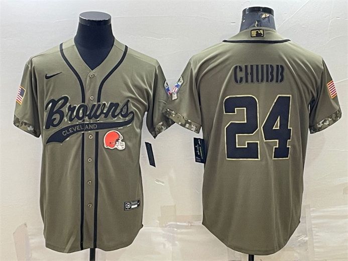 Men Cleveland Browns 24 Nick Chubb Olive 2022 Salute To Service Cool Base Stitched Baseball Jersey