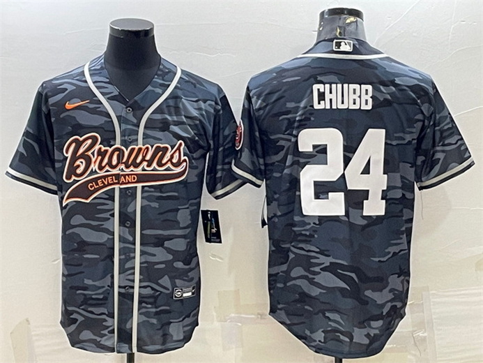 Men Cleveland Browns 24 Nick Chubb Grey Camo With Patch Cool Base Stitched Baseball Jersey