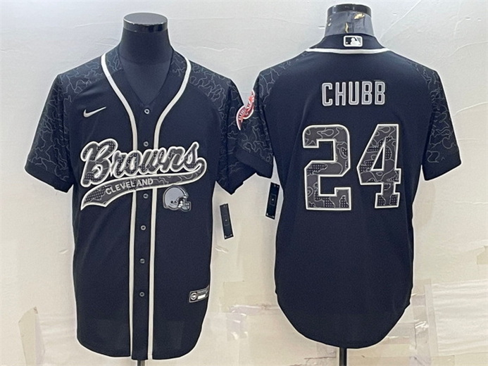 Men Cleveland Browns 24 Nick Chubb Black Reflective With Patch Cool Base Stitched Baseball Jersey