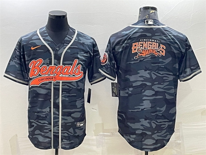 Men Cincinnati Bengals Grey Camo Team Big Logo With Patch Cool Base Stitched Baseball Jersey