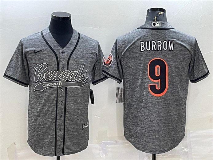 Men Cincinnati Bengals 9 Joe Burrow Grey With Patch Cool Base Stitched Baseball Jersey