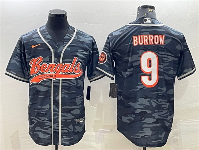 Men Cincinnati Bengals 9 Joe Burrow Grey Camo With Patch Cool Base Stitched Baseball Jersey