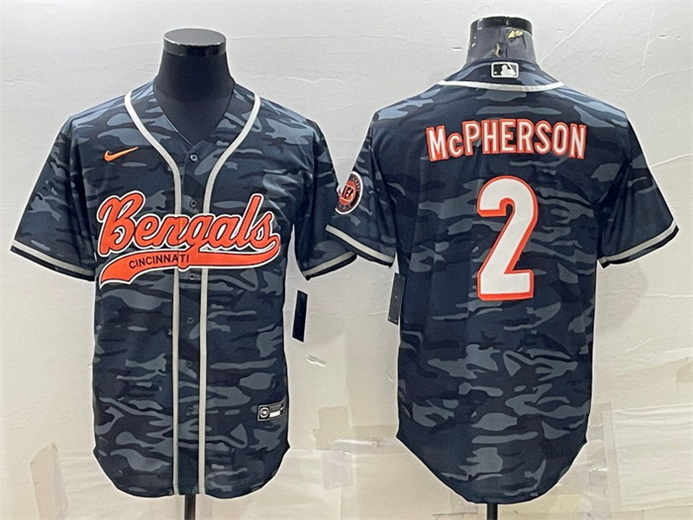 Men Cincinnati Bengals 2 Evan McPherson Grey Camo With Patch Cool Base Stitched Baseball Jersey