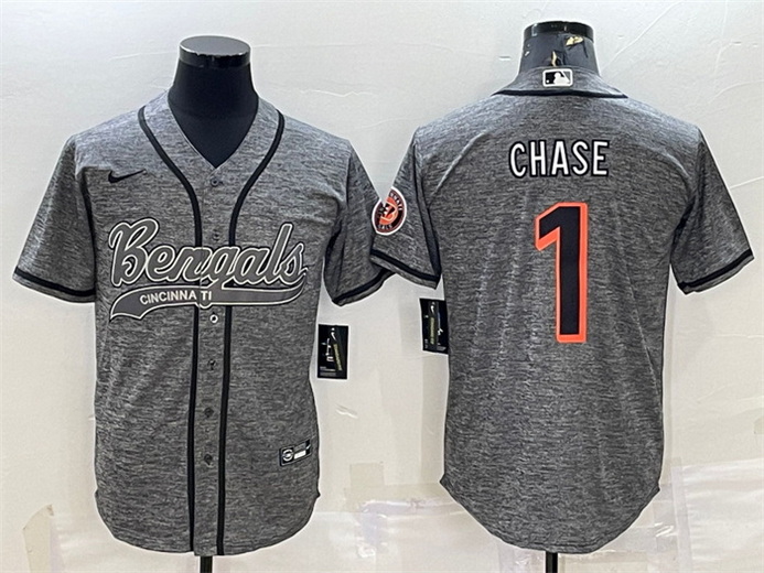 Men Cincinnati Bengals 1 Ja 27Marr Chase Grey With Patch Cool Base Stitched Baseball Jersey