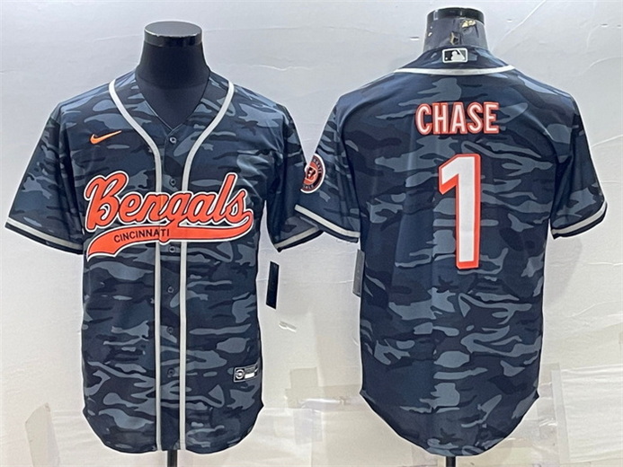 Men Cincinnati Bengals 1 Ja 27Marr Chase Grey Camo With Patch Cool Base Stitched Baseball Jersey