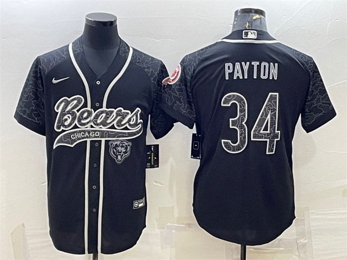 Men Chicago Bears 34 Walter Payton Black Reflective With Patch Cool Base Stitched Baseball Jersey