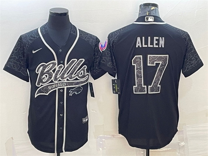 Men Buffalo Bills 17 Josh Allen Black Reflective With Patch Cool Base Stitched Baseball Jersey