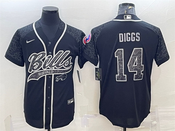 Men Buffalo Bills 14 Stefon Diggs Black Reflective With Patch Cool Base Stitched Baseball Jersey