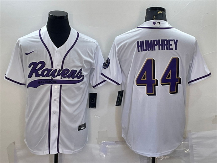 Men Baltimore Ravens 44 Marlon Humphrey White With Patch Cool Base Stitched Baseball Jersey