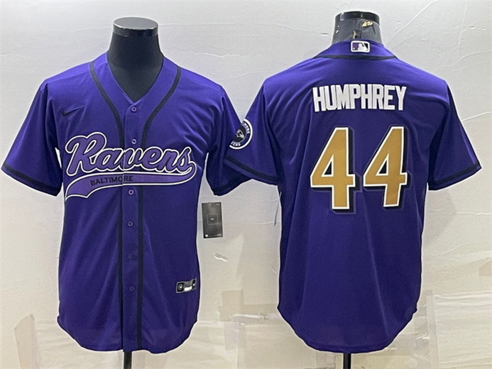 Men Baltimore Ravens 44 Marlon Humphrey Purple Gold With Patch Cool Base Stitched Baseball Jersey