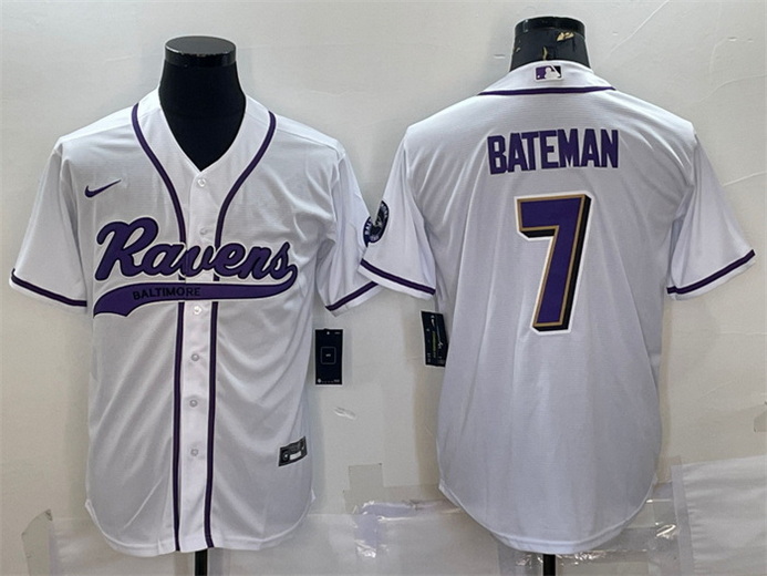 Men Baltimore Ravens 7 Rashod Bateman White With Patch Cool Base Stitched Baseball Jersey