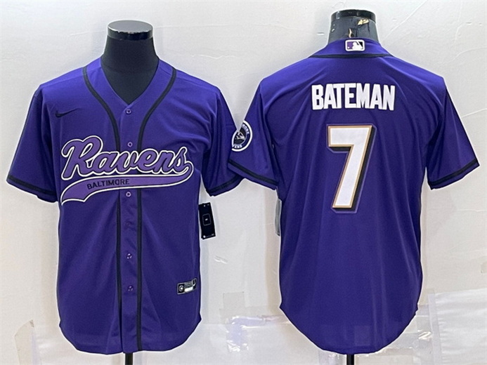 Men Baltimore Ravens 7 Rashod Bateman Purple With Patch Cool Base Stitched Baseball Jersey