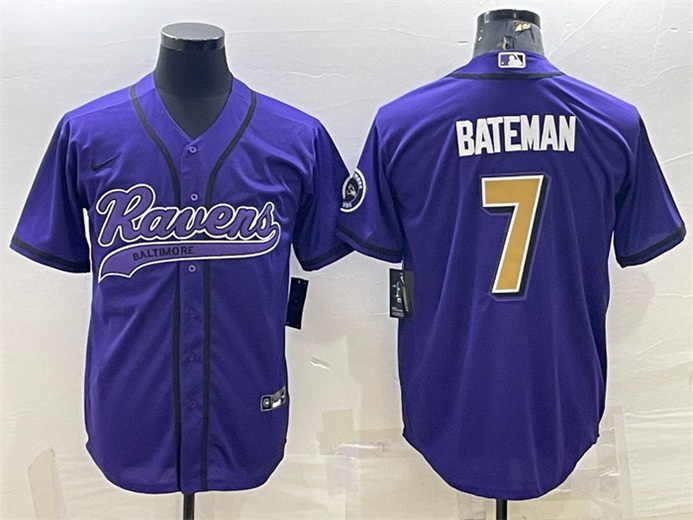 Men Baltimore Ravens 7 Rashod Bateman Purple Gold With Patch Cool Base Stitched Baseball Jersey