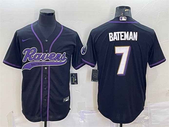 Men Baltimore Ravens 7 Rashod Bateman Black With Patch Cool Base Stitched Baseball Jersey