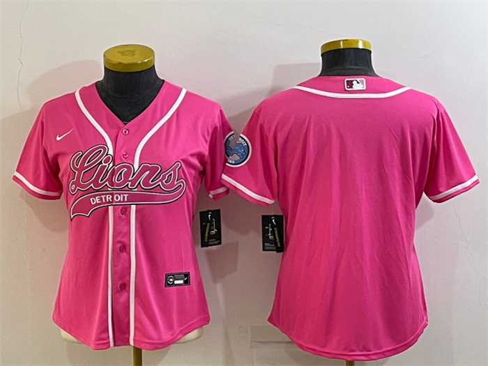 Women Detroit Lions Blank Pink With Patch Cool Base Stitched Baseball Jersey