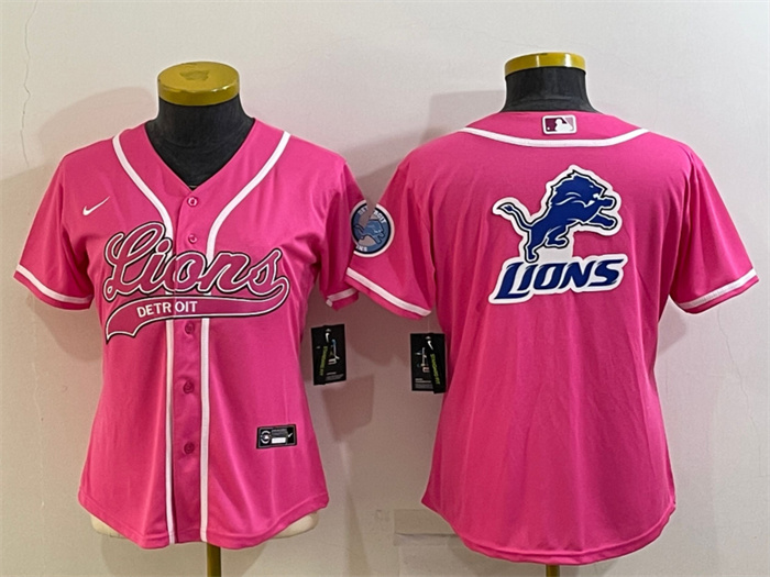 Women Detroit Lions Pink Team Big Logo With Patch Cool Base Stitched Baseball Jersey