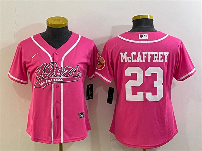 Women San Francisco 49ers 23 Christian McCaffrey Pink With Patch Cool Base Stitched Baseball Jersey