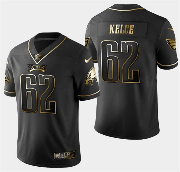 Men Philadelphia Eagles 62 Jason Kelce Black Golden Edition Stitched Baseball Jersey