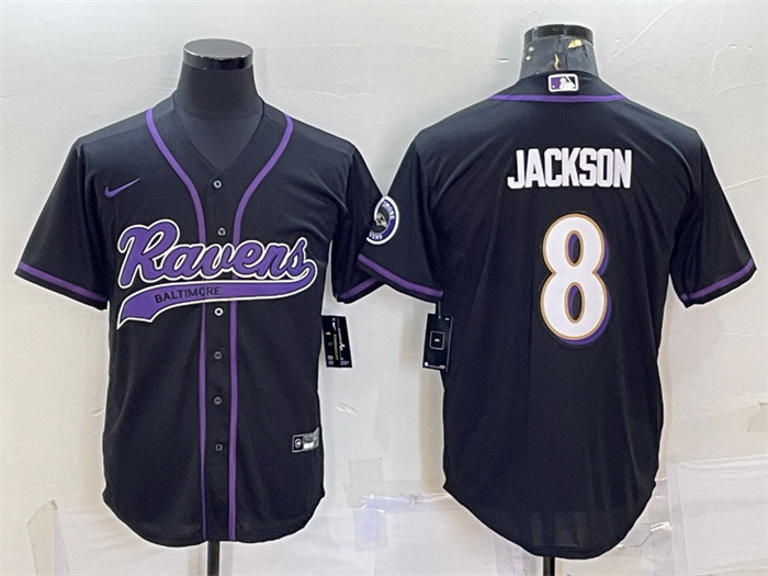 Men Baltimore Ravens 8 Lamar Jackson Black With Patch Cool Base Stitched Baseball Jersey