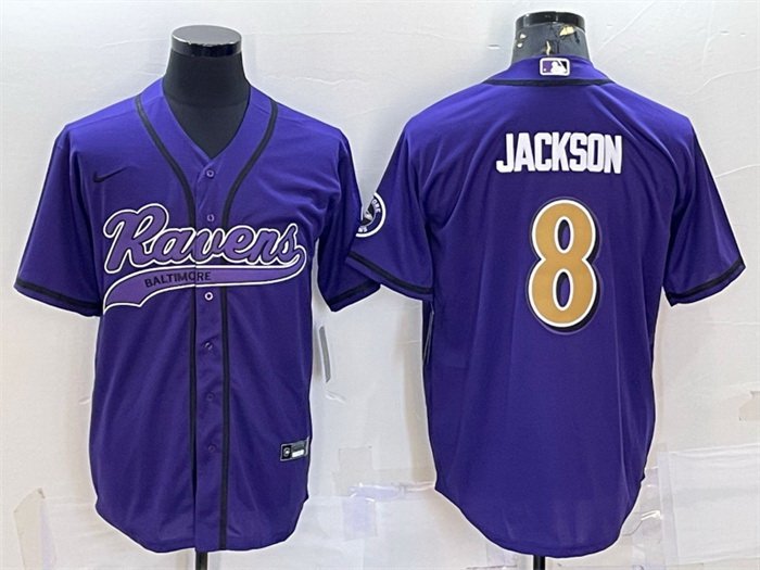 Men Baltimore Ravens 8 Lamar Jackson Purple Gold With Patch Cool Base Stitched Baseball Jersey